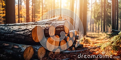 wooden logs pile in the forest. logging timber wood industry. banner with copy space Stock Photo