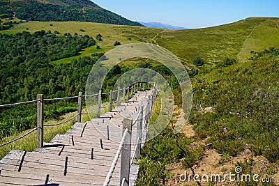 Wooden long walking pathway in puy de dome french mountains volcano Stock Photo