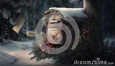 Wooden mailbox with christmas decorations in winter forest. 3D rendering Stock Photo