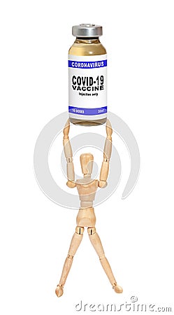 Wooden man figure with a coronavirus vaccine - getting a COVID-19 vaccine concept Stock Photo