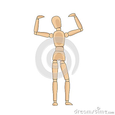 Wooden man model, manikin to draw human body anatomy pose strong, showing power and strenght. Mannequin control dummy figure Vector Illustration