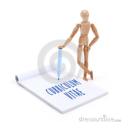 Wooden mannequin writing in scrapbook - Curriculum vitae Stock Photo