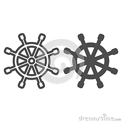 Wooden marine wheel line and solid icon, nautical concept, ship helm sign on white background, Shipboard steering wheel Vector Illustration