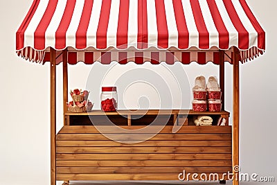 Wooden market stand featuring a classic red and white striped awning Stock Photo