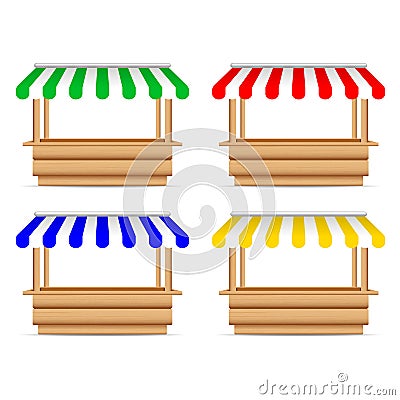 Wooden market stand stall with different sunshade. Mock up of wooden counter with canopy for street trading, wooden Vector Illustration