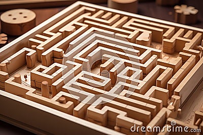 Wooden maze game board on the table Stock Photo