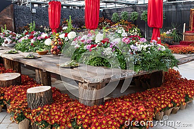 Mediaeval Great Table laid for a banquet in The Great Hall. Stock Photo