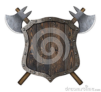 Wooden medieval heraldic shield with crossed battle axes 3d illustration Stock Photo