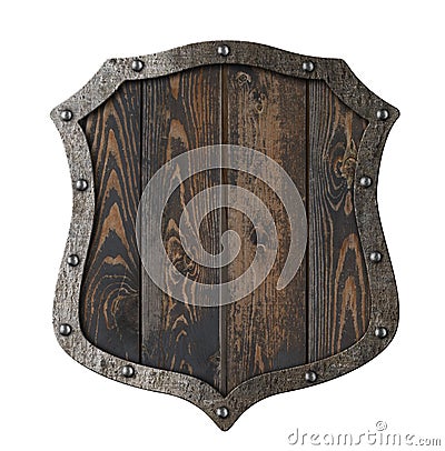 Wooden medieval heraldic shield isolated 3d illustration Stock Photo