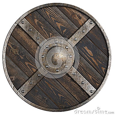 Wooden medieval round shield with metal frame and cross isolated 3d illustration Stock Photo