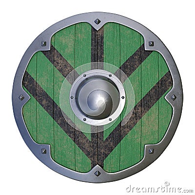 Wooden medieval round shield, viking shield painted green and black, isolated on white background Cartoon Illustration