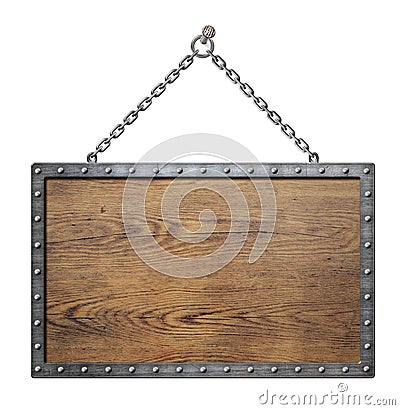 Wooden medieval shield or sign with metal frame Stock Photo