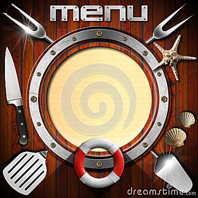 Wooden Menu with Metal Porthole Stock Photo