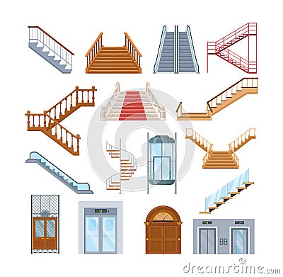 Wooden, metal staircase with handrails. Wooden staircases covered with red carpet, spiral staircase, store escalator Vector Illustration