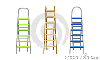 Wooden and Metal Step Ladder for Domestic and Construction Need Vector Set Vector Illustration