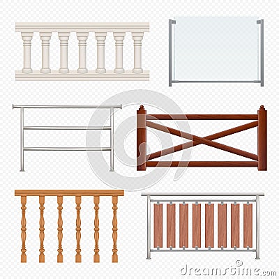 Wooden, metallic, glass railings isolated on white background. Realistic vector illustration Vector Illustration