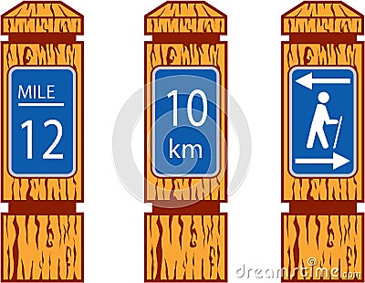 Wooden Mile Marker Signs Retro Vector Illustration