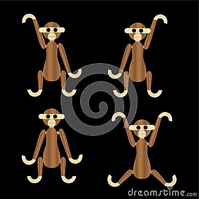 Wooden monkeys vector icons Vector Illustration