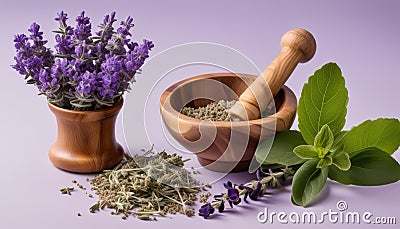 A wooden mortar and pestle with herbs and flowers Stock Photo