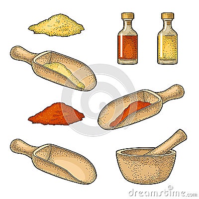 Wooden mortar, pestle, scoop and glass bottle tincture. Vintage engraving Vector Illustration