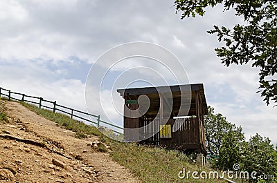 Wooden mountain shelter for rest near path toward Stob pyramids, west share of Rila mountain, Kyustendil region Stock Photo