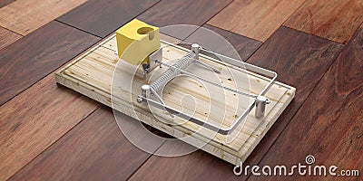 Wooden mouse trap, bait cheese, isolated on wooden background. 3d illustration Cartoon Illustration