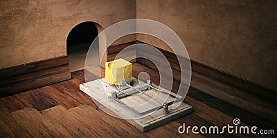 Wooden mouse trap, bait cheese, mouse hole and wooden floor background. 3d illustration Cartoon Illustration