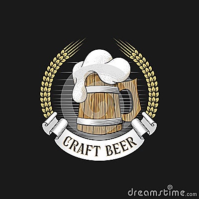 Wooden mug of beer with barley ears. Craft brewery logo. Vector Illustration