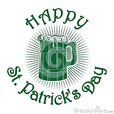 Wooden mug with beer. Happy St. Patricks Day Vector Illustration