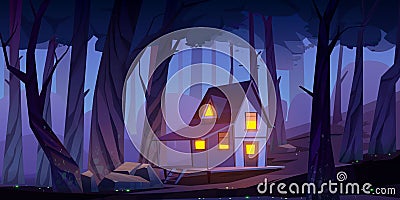 Wooden mystic stilt house, shack in night forest Vector Illustration