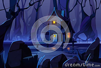 Wooden mystic stilt house on swamp in night forest Vector Illustration