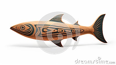 Native American Inspired Wood Fish Sculpture With Carving On White Background Stock Photo