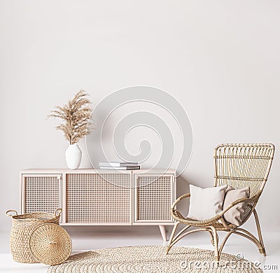 Wooden natural furniture in Scandinavian living room design, interior wall mock up Stock Photo