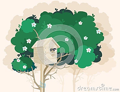 A wooden nesting box on a blossoming tree Vector Illustration