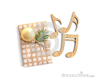 Wooden notes and gift box on white background. Stock Photo