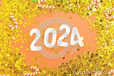 wooden number 2024 on christmas shiny Peach Fuzz background with sparkle festive golden confetti Stock Photo