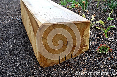 A wooden oak prism serves as a bench in the garden. for better drying of the wood, grooves are milled in the lower part, which pre Stock Photo