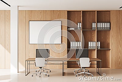 Wooden office interior with pc computer and shelf with documents. Mockup frame Stock Photo