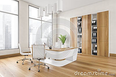 Wooden office room with chairs, table and computer and shelf on parquet Stock Photo