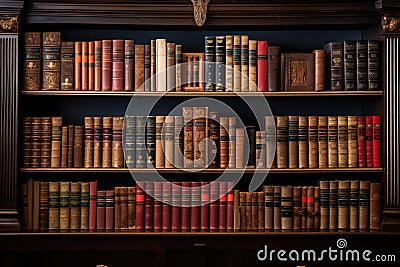 Vintage bookshelf, stacked books in different patterns and colors. Generative ai Stock Photo