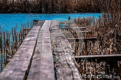 Wooden, old bridge in a thicket of reeds facing the river, photo stylized as an oil painting Stock Photo