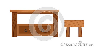 Wooden old brown table and wood desk surface retro flat vector isolated. Vector Illustration