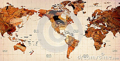 Wooden Old World Map Stock Photo