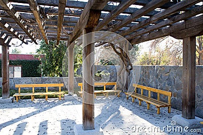 Wooden Overhang with benches Stock Photo