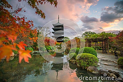 Wooden pagoda of Toji Kyoo-Gokoku-ji Temple with autumn color in Kyoto Stock Photo