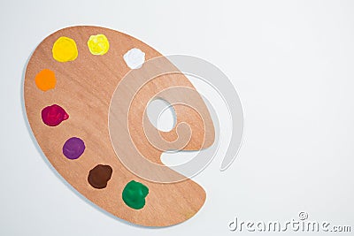 Wooden palette with various watercolor Stock Photo