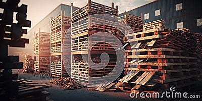 Wooden pallets in a pile, industrial area. Generated by AI Stock Photo