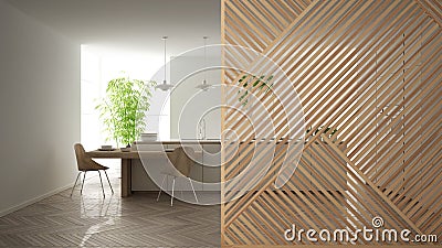 Wooden panel close-up, modern white kitchen with island and stools, marble floor. Minimalist zen interior design concept idea, Stock Photo