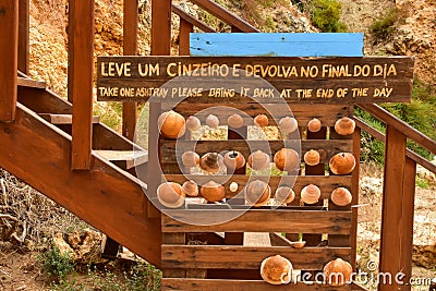 Wooden panel with seashell ashtrays on a retro beach Stock Photo