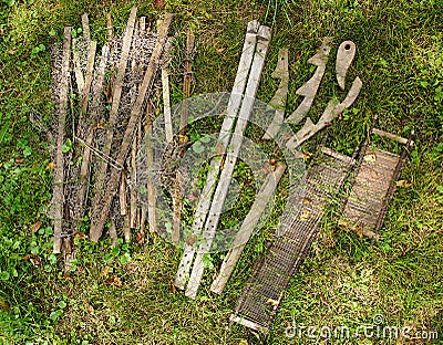 Wooden parts of an ancient loom Stock Photo